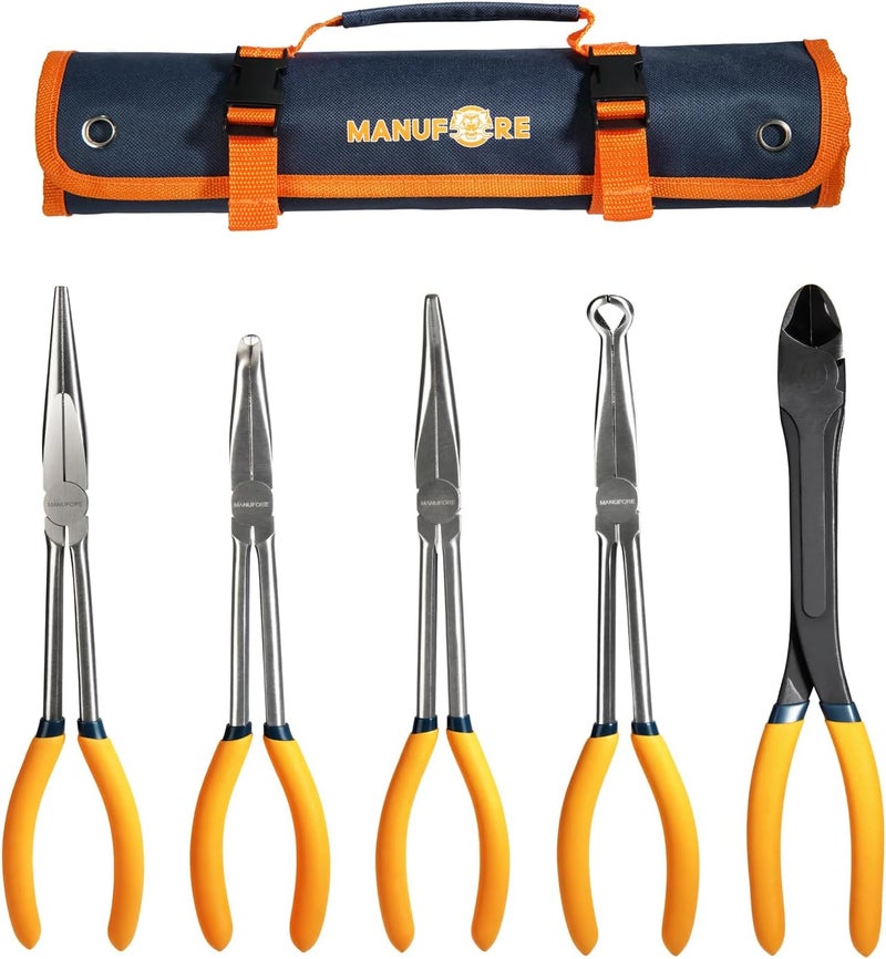 MANUFORE 5-Piece 11-Inch Long Nose Pliers Set- Straight, 45° and 90° Bent, Circle Nose and Diagonal Pliers-Premium Carbon Steel & CR-V, Long Reach for Electronics, Automotive and DIY - Image 1